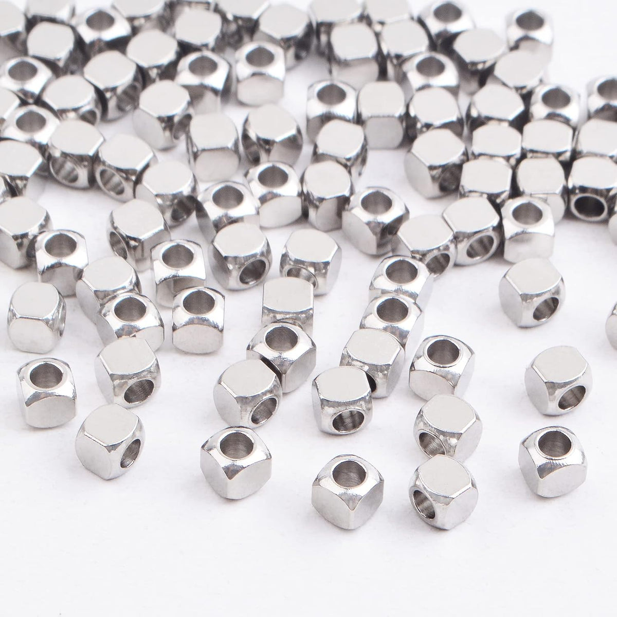 100pcs 3 mm Stainless Steel Cube Spacer Beads Tiny Slide Square Spacer Beads Smooth Handicraft Loose Beads for DIY Bracelet Necklace Earrings Jewelry Making, Hole: 1.5 mm