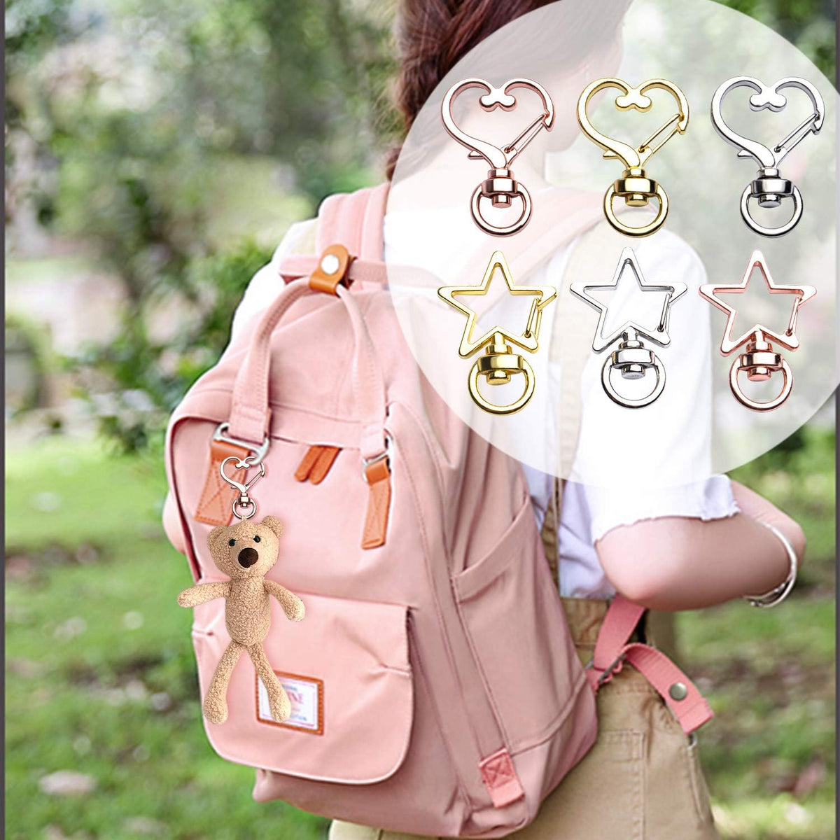 Lobster Claw Clasps, 24pcs Metal Swivel Claw Clasps Star and Heart Shape Snap Hook with Key Rings Swivel Lanyard Clips for Bag Keychain DIY Crafts, Golden, Silver, Rose Golden, 34x24mm