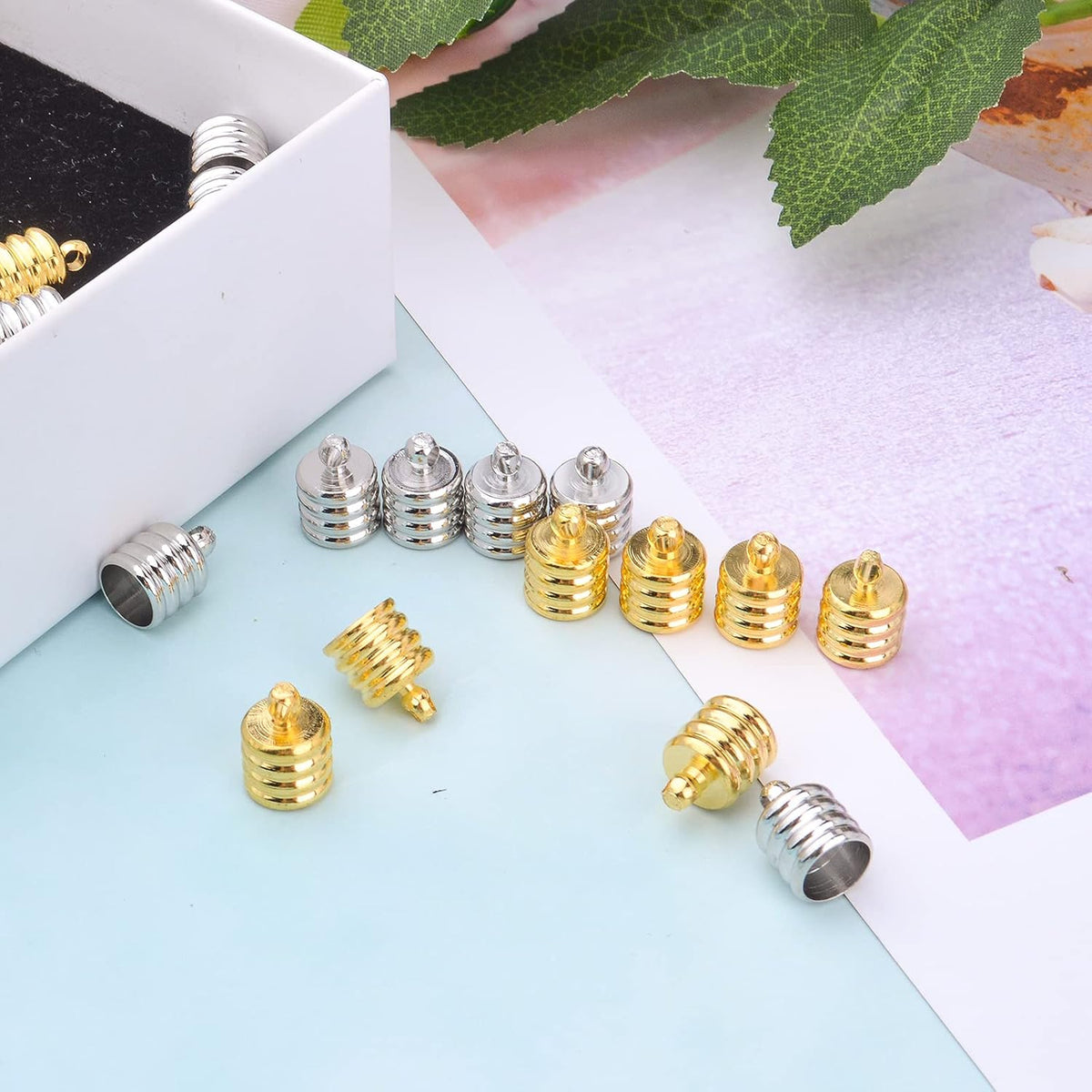 50pcs Brass Cord End Caps Glue-in Barrel End Caps Fasteners Necklace Cord Tassel Leather Cord Ends Terminators Clasps for DIY Bracelet Crafts Jewelry Making, Golden, Silver