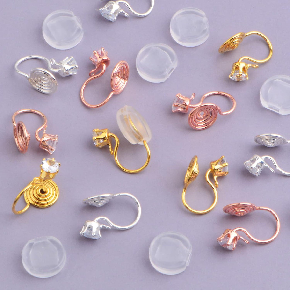 12pcs Brass Clip-on Earring Converters Mosquito Incense Shape Earring Clips with Cubic Zirconia and 12pcs Painless Earring Pads for Non-Pierced Ears DIY Jewelry Making, 3 Colors