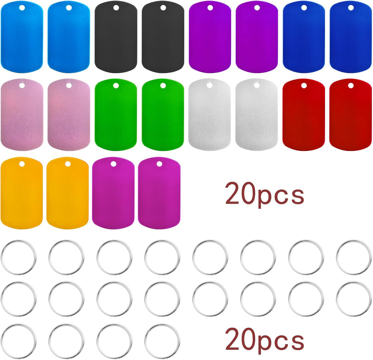 20pcs 10 Colors Blank Aluminum Pet Tags Rectangle Stamping Tag Pendants Blanks with Hole and 20pcs Metal Key Rings for DIY Decorative Craft Dog Engraving Jewelry Making Supplies