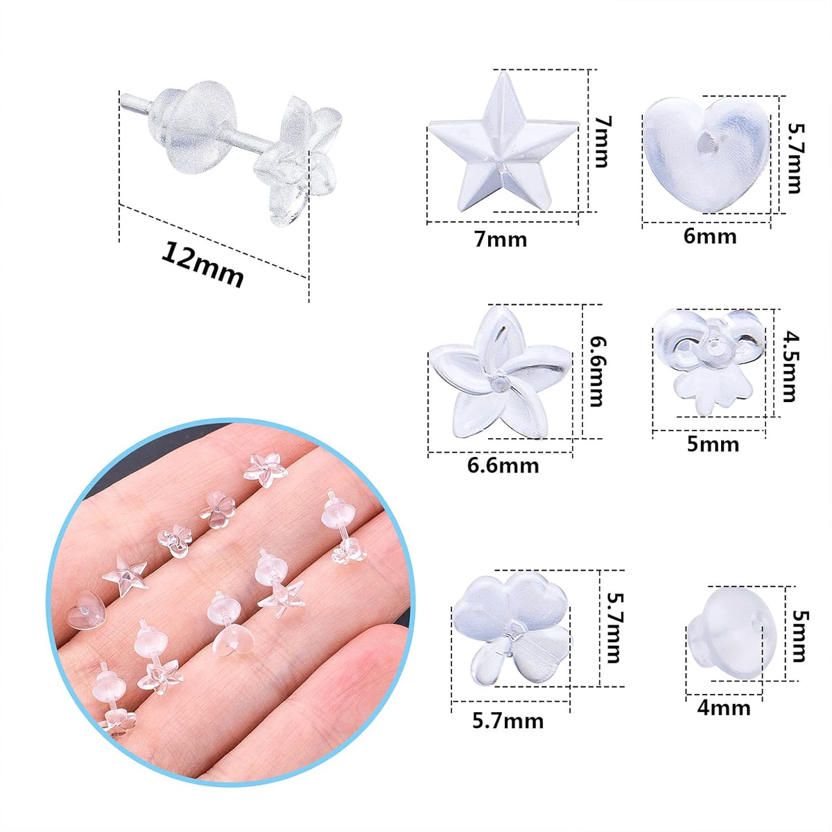 50pcs Clear Resin Earring Studs & Backs, 5 Styles, DIY Jewelry Making Findings, Adult, Non-Foldable