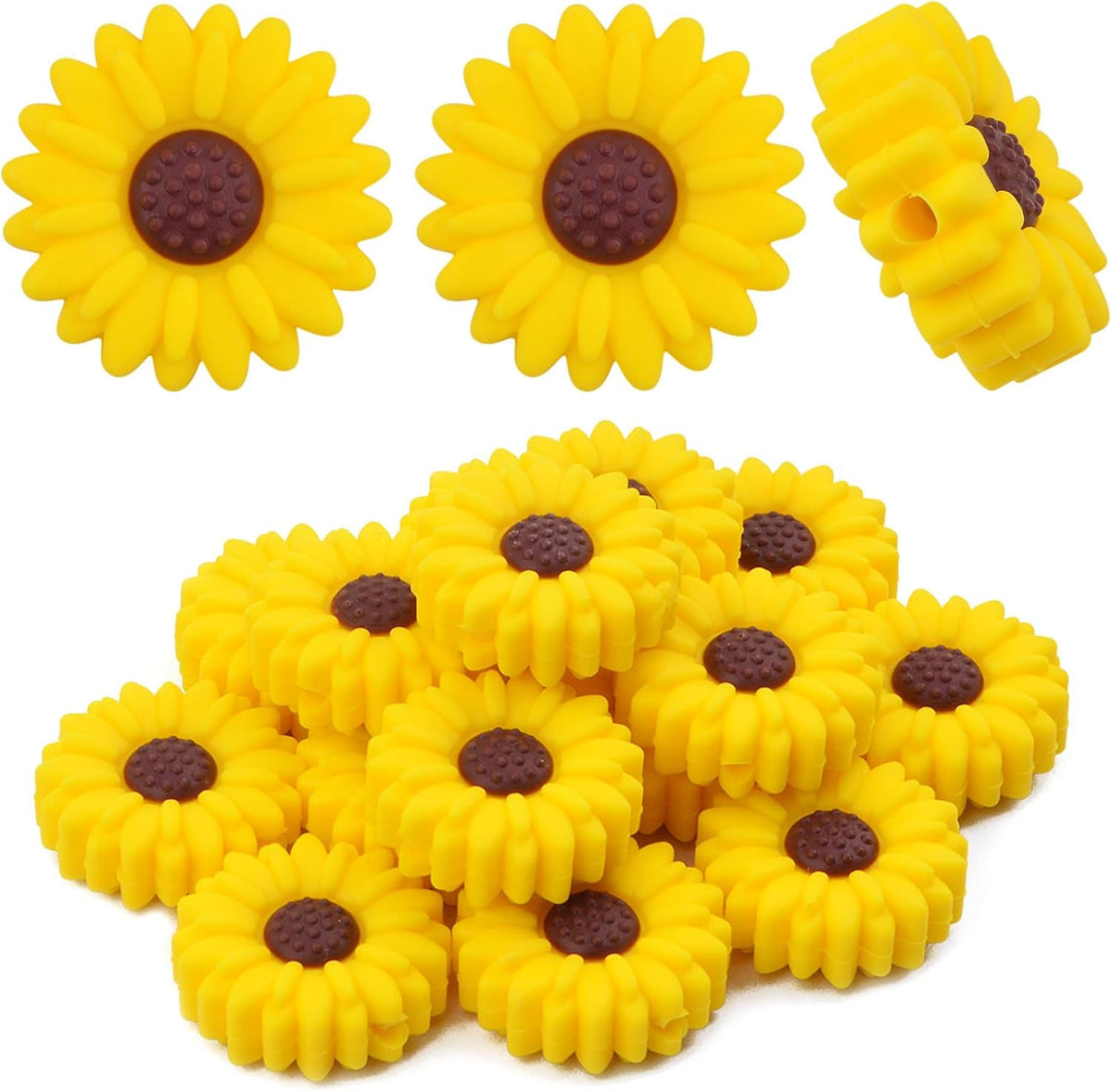 15pcs 20 mm Sunflower Silicone Daisy Flower Focal Flat Flower Shape Spacer Beads for DIY Keychains Lanyards Garlands Crafts Jewelry Making, 3 Colors