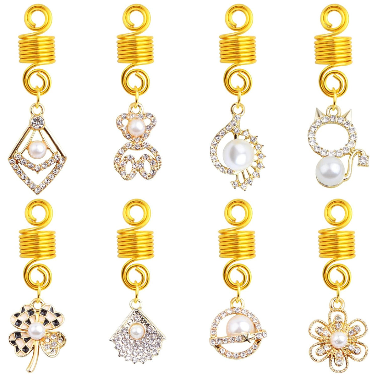 16pcs 8 Styles Pearl Hair Braid Clips Golden Alloy Braids Ring Pendants Adjustable Spring Clip Dreadlocks Accessories Hair Jewelry Headpieces for Women Hair Braid Decoration Gift