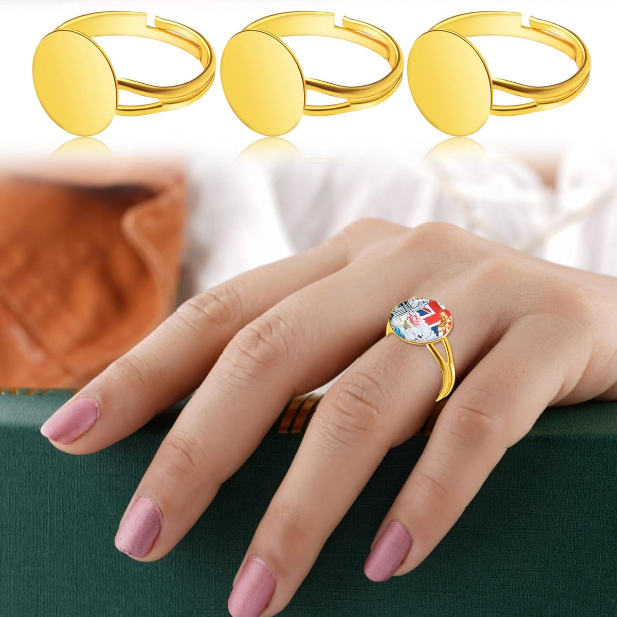 20 Pieces Metal Blank Rings Adjustable Finger Ring Flat 12mm Round Ring Base Blanks Jewelry Findings Components for Rings Making DIY Crafts, Golden, Silver