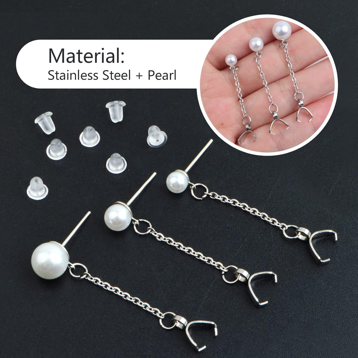 6pcs Stainless Steel Pearl Earring Studs Hypoallergenic Ear Posts with Loop and Pinch Clasp Chains, and 20pcs Clear Earring Backs for DIY Dangle Earring Jewelry Making, 3 Sizes