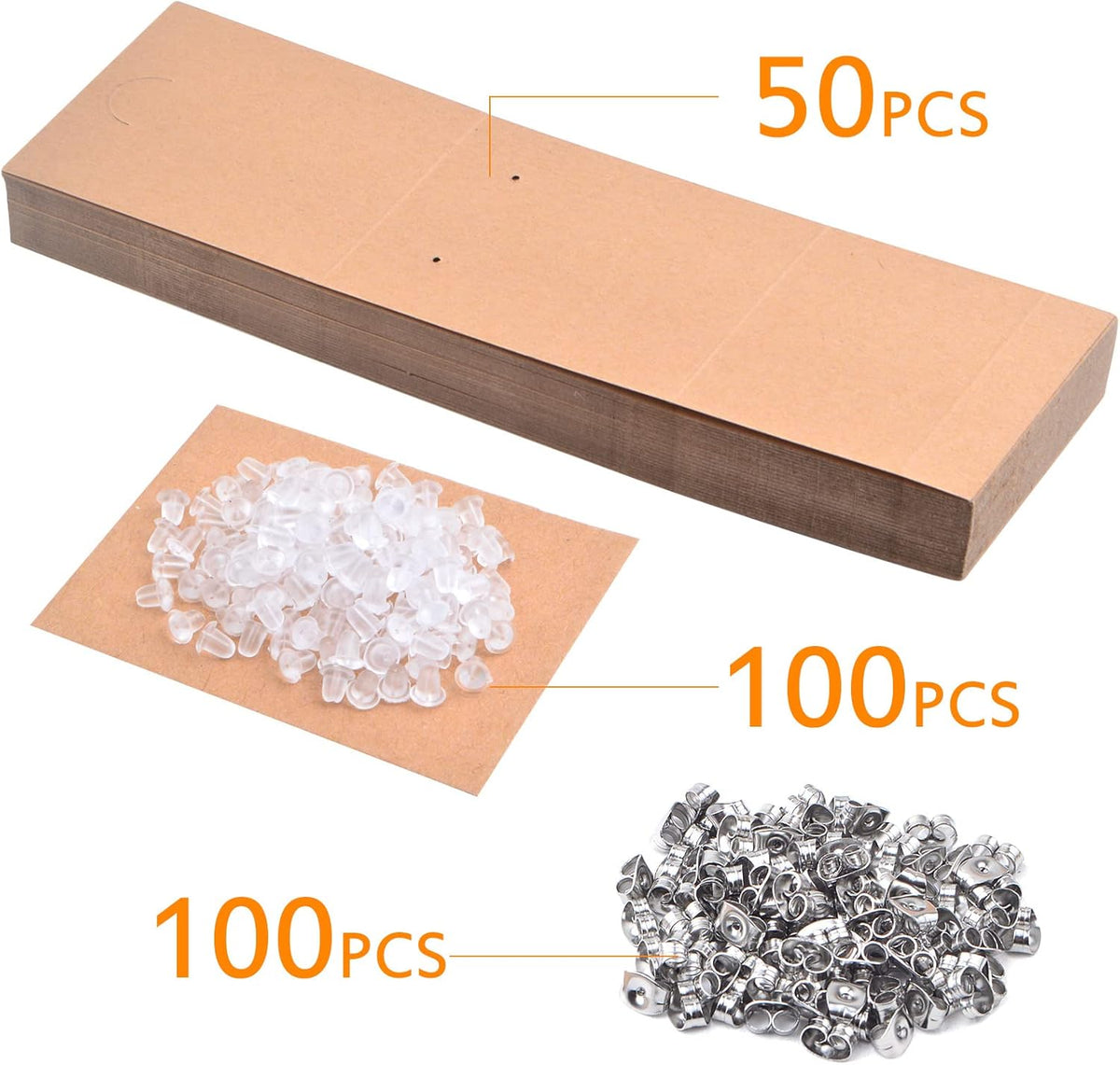 50pcs Brown Standing Earring Display Cards Earring Holder Cards for Selling with 200pcs 2 Styles Earring Backs Stoppers for DIY Ear Studs Jewelry Display Retails Supplies