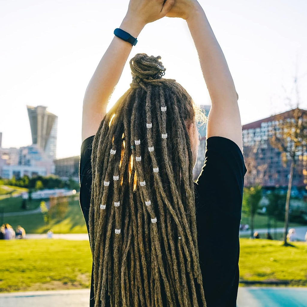 50pcs Rhinestone Dreadlocks Beads Alloy Hair Ring Decoration Braiding Hair Braid Cuff Clip Beard Hollow Heart Tube Beads Accessories for Women Men, Golden and Silver