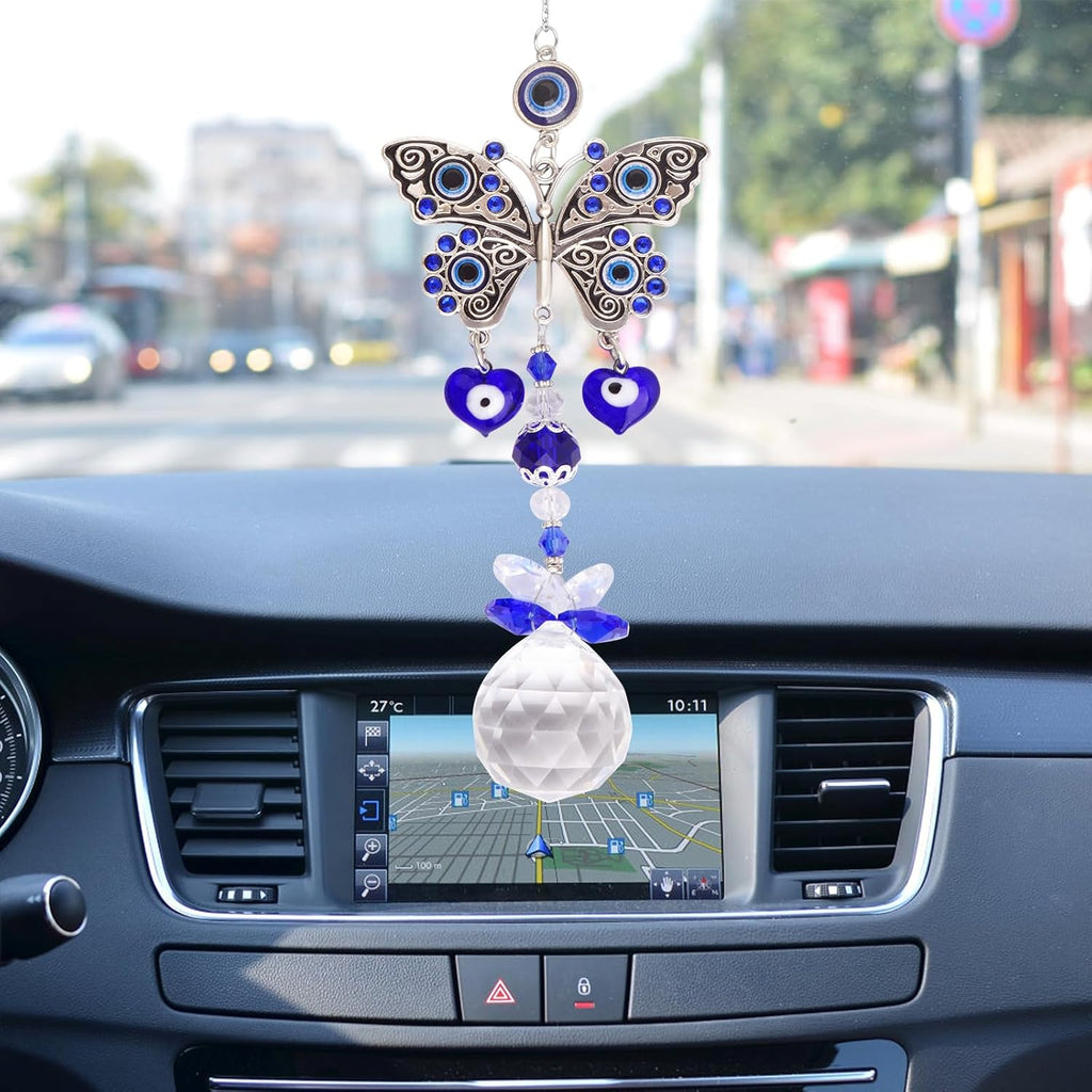 1pcs Blue Evil Eye Suncatcher Butterfly Hanging Crystal Ornament Protection Charm Prism Pendant Sun Catcher Car Ornaments Accessories for Home Office Garden Window Wall Decor