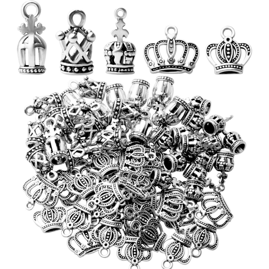 100g Antique Silver Crown Bead Charms Crown Charm Pendant Connector for DIY Jewelry Craft Making Accessories,5 Styles