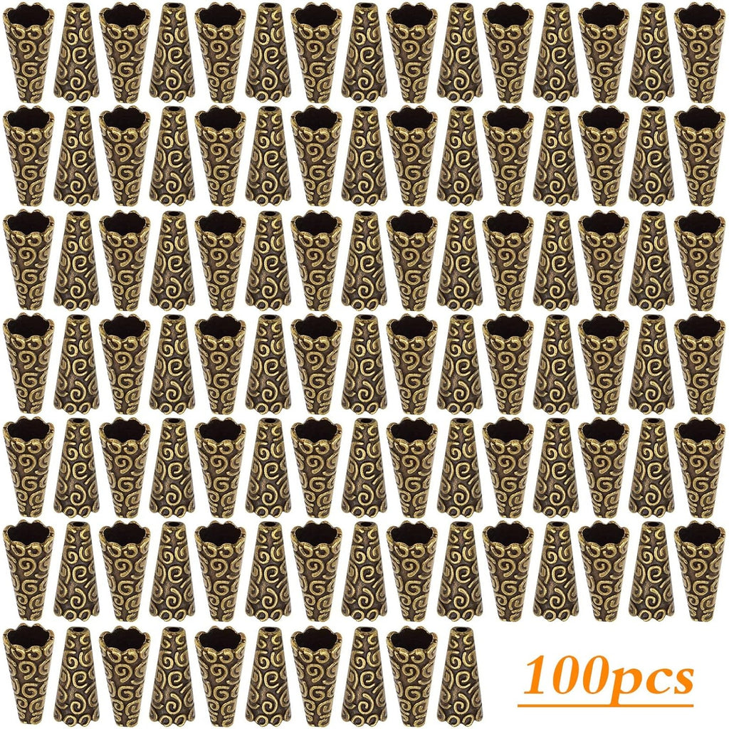 Beads Caps Making, 100pcs Antique Beads Caps Tibetan Style Cone Caps Metal Beads End Caps Flower Bead Caps Tassel Crafts DIY for Jewelry Making, 17.5 8.5mm