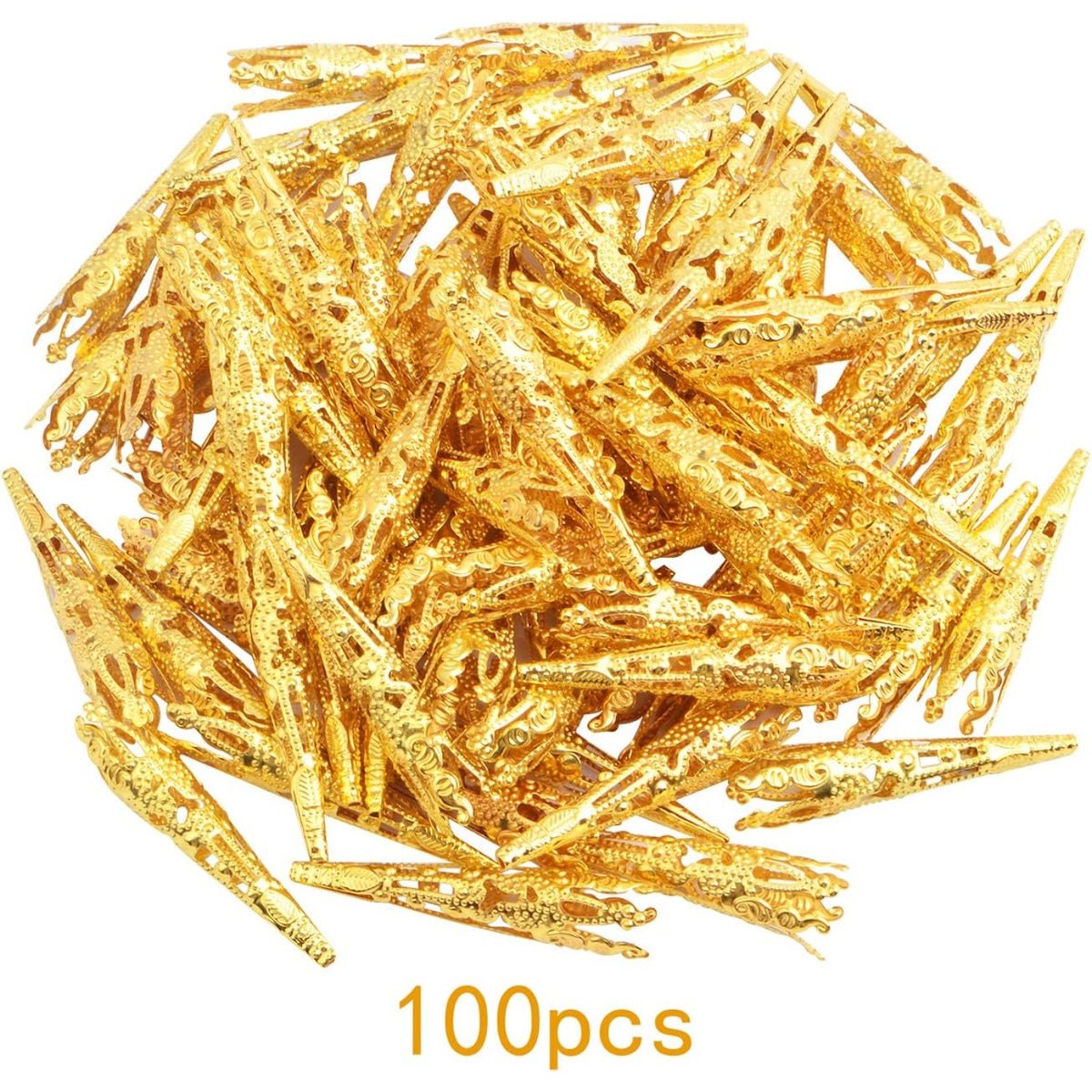 100pcs Golden Long Horn-shaped Flower Bead Caps Hollow Cone Bead End Caps Filigree Flower Spacers Hair Braid Beads for Women DIY Neckalce Earrings Hairpins Craft Projects