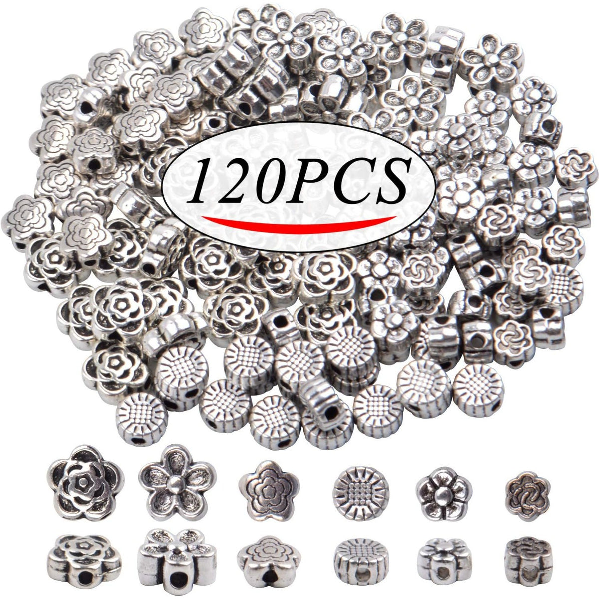 Alloy Spacer Beads, 120 Pieces Antique Silver Spacer Beads Tibetan Silver Beads for Jewelry Making Bracelets Necklace, 6 Styles