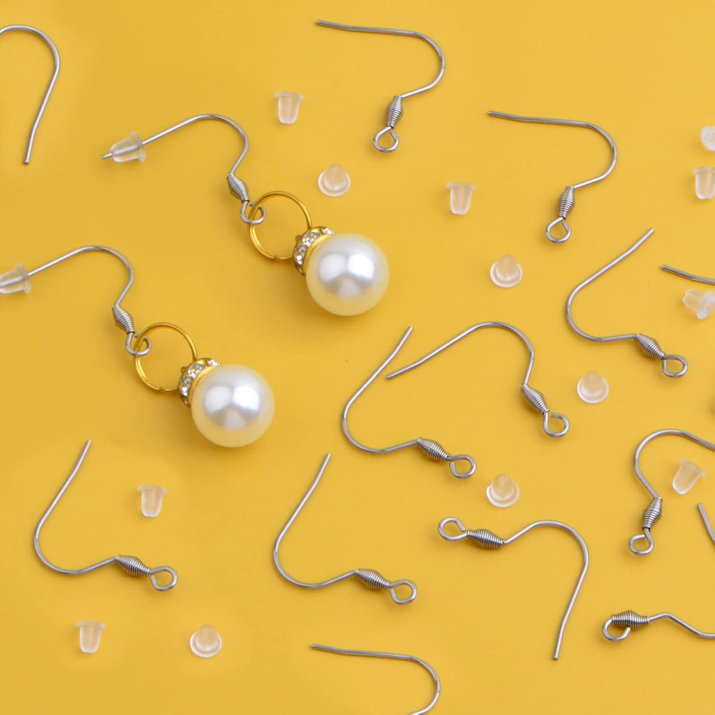 50pcs Stainless Steel French Earring Hooks Hypoallergenic Ear Wires Fish Hooks and 50pcs Clear Earring Backs Stoppers Kit for DIY Earrings Jewelry Making Findings