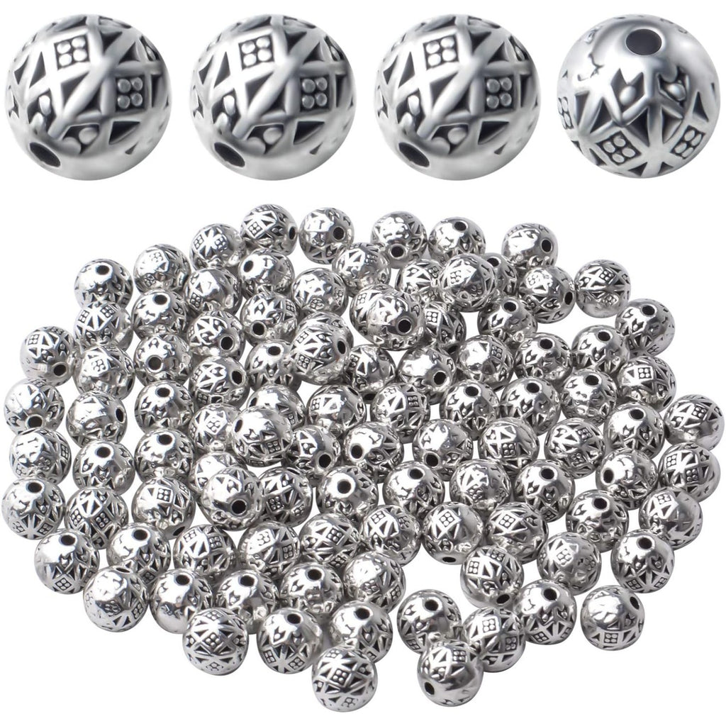 100pcs Antique Silver Tibetan Bead Spacers Alloy Rondelle Ball Spacers Loose Beads Jewelry Round Beads for DIY Crafts Supplies Jewelry Making,6MM
