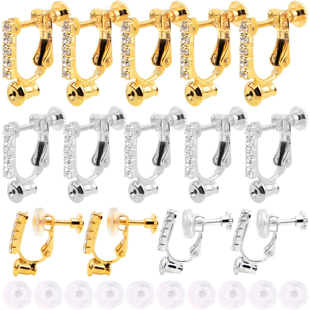12pcs 2 Colors Clip-on Earring Converters Brass Screw Earclips Components with 5 Rhinestone and 12pcs Silicone Anti-pain Ear Pads for Non-Pierced Ears DIY Jewelry Making Findings