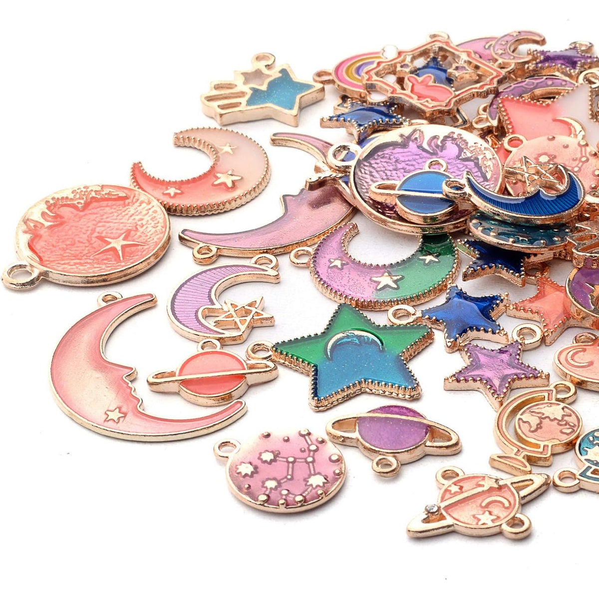 60pcs Mixed Enamel Heart Moon Star Charms Celestial Charm Jewelry Charms Pendants DIY for Earrings Necklace Bracelet Jewelry Making and Crafting, 3 Colors