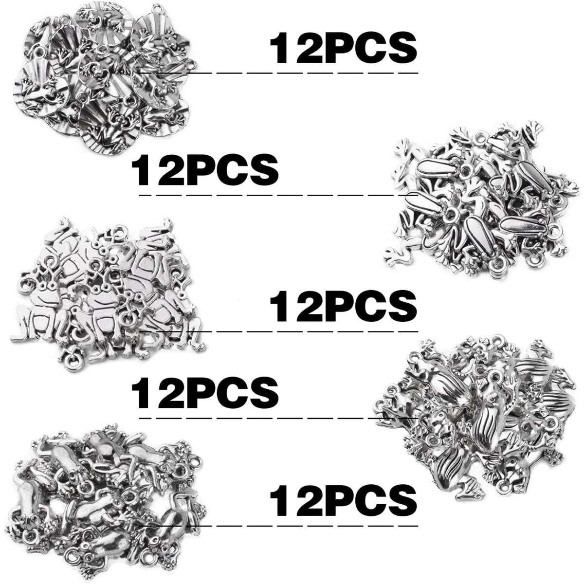 60pcs Antique Silver Plated Frog Charms Pendants Alloy Animal Pendant Charms Craft Supplies for DIY Earrings Necklace Bracelet Jewelry Making, 5 Styles