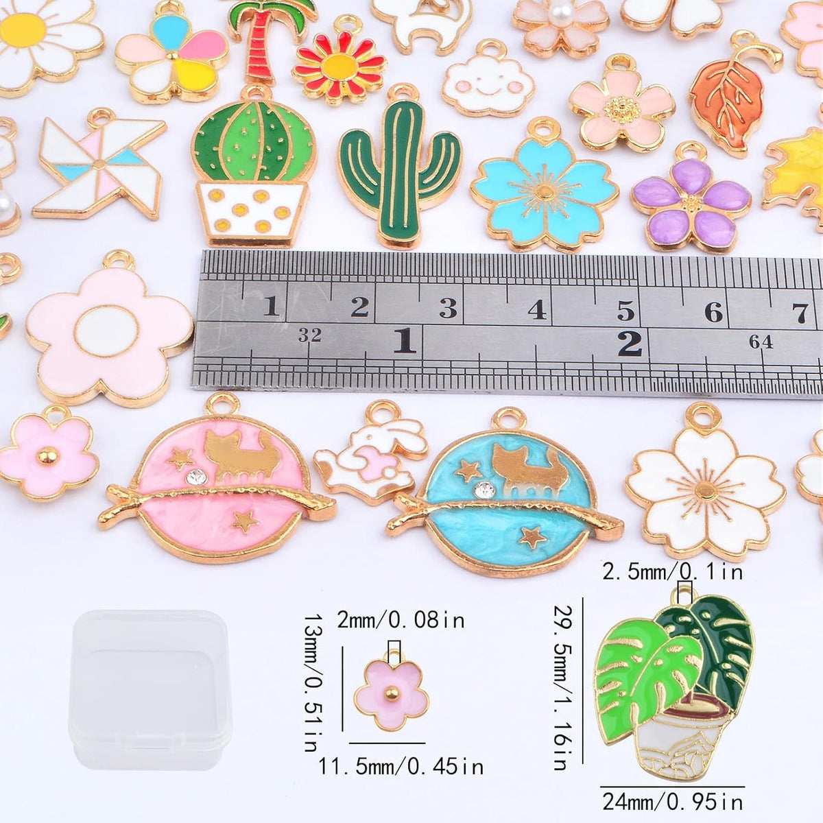30pcs Assorted Enamel Floral Themed Flower Plant Series Charms Cute Rose Cactus Tree Leaf Dangle Pendants with a Plastic Box for DIY Necklace Earrings Jewelry Making Supplies