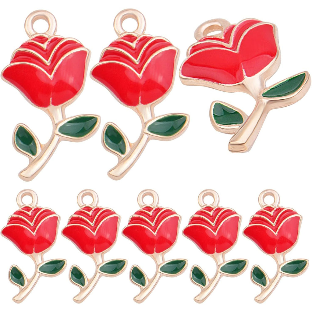 30pcs Enamel Rose Flower Charm Pendants Lovely Dangle Charms for Valentine's Day DIY Bracelet Necklace Earrings Jewelry Making, Red