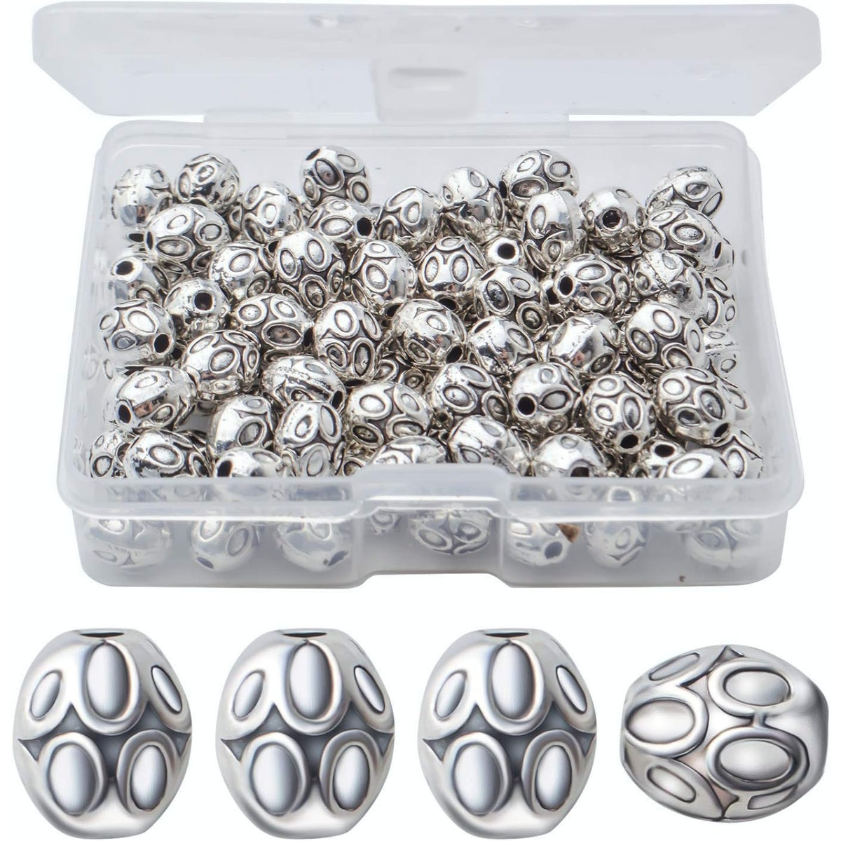 100pcs Antique Silver Tube Spacer Bead Tibetan Alloy Spacers Oval Bead Spacers Jewelry Spacer Charms with A Box for DIY Jewelry Crafts Making Supplies