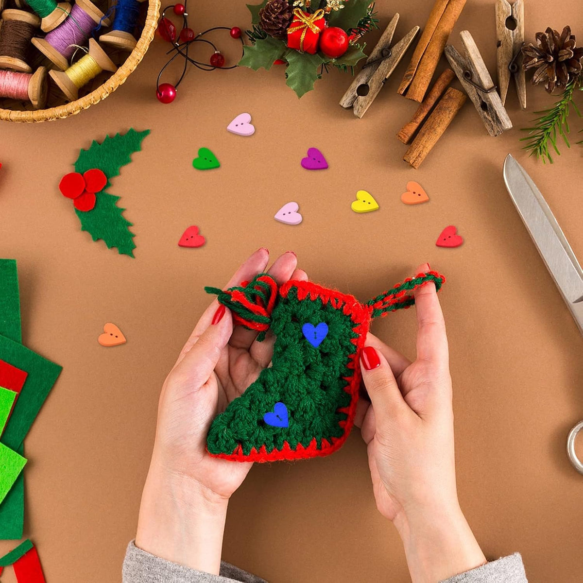 200pcs Colorful Wooden Heart Buttons with 2 Holes Love Heart Shaped Wood Craft Buttons Embellishments for DIY Clothes Sewing Scrapbooking Valentine's Day Decoration
