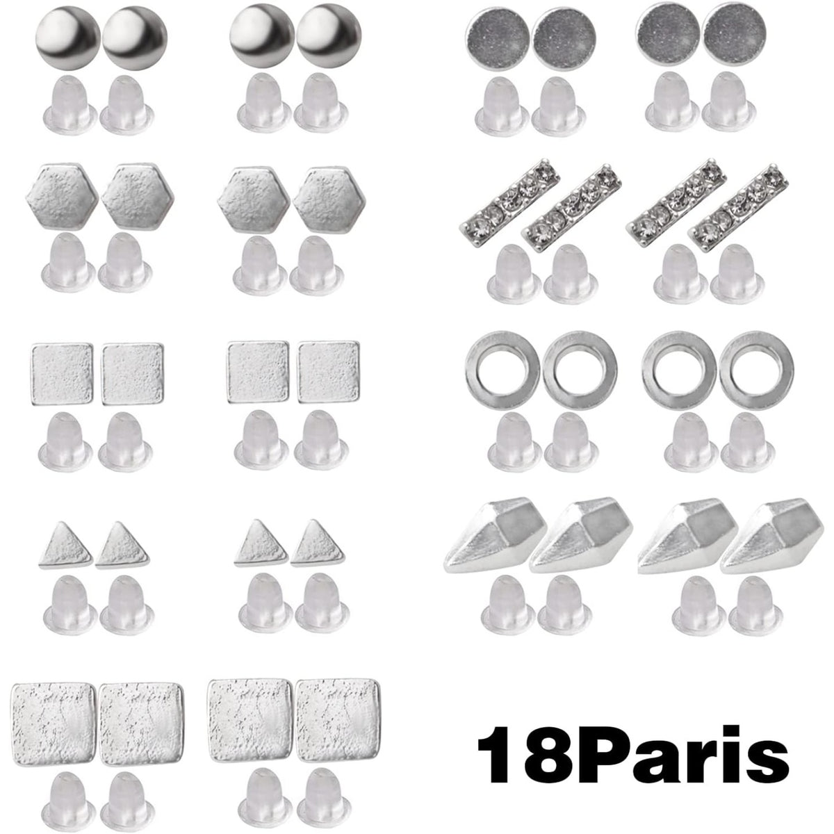 18 Pairs Stainless Steel Earring Post Studs,Earrings Studs Set Geometric Round Cone Ball Earring Pin Studs with Clear Bullet Earring Backs for Earring Making,9 Styles