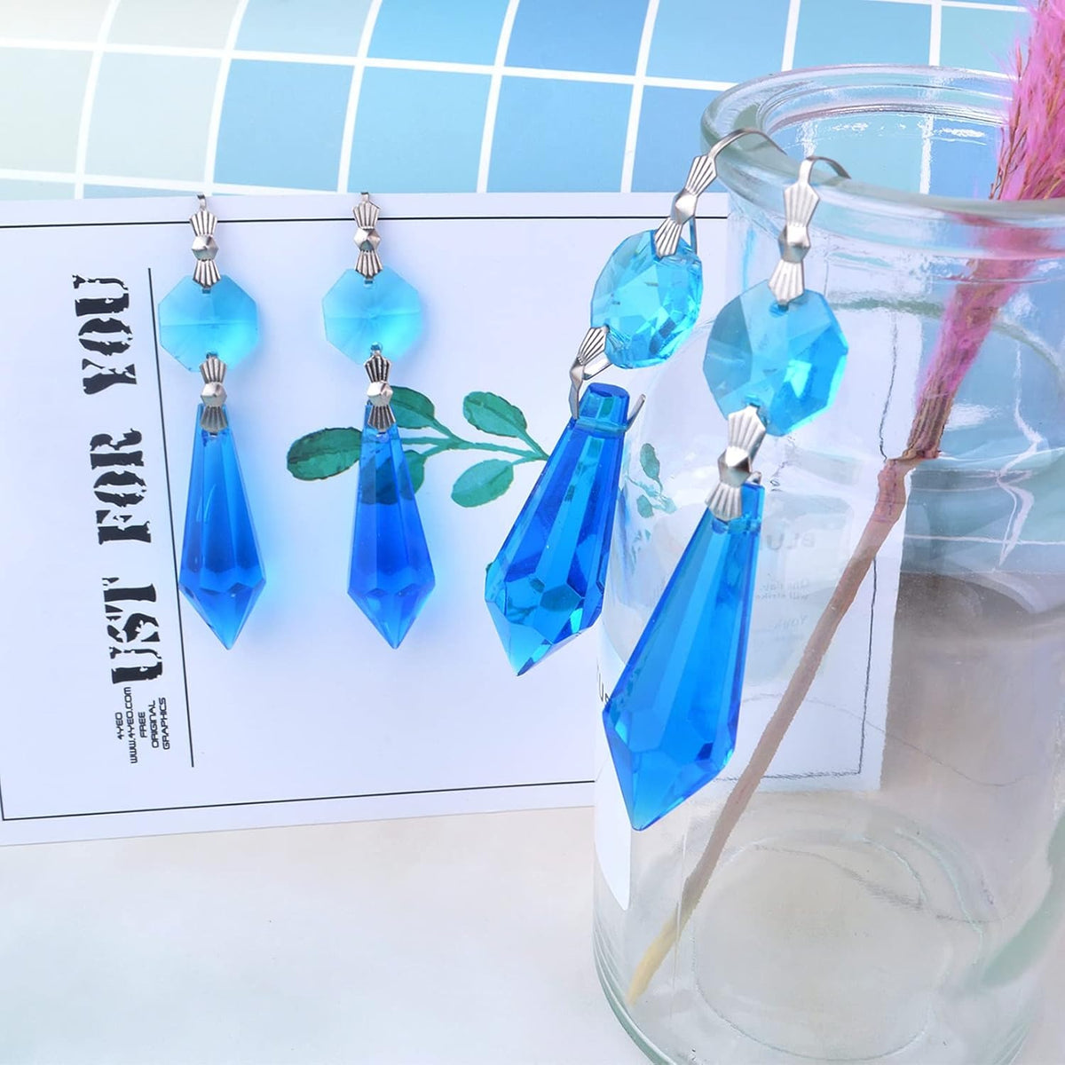 20pcs Crystals Prisms Glass Tip Beads Replacements Chandelier Icicle Drops Hanging Pendants Octagon Crystal Beads for Lamp Decoration Wedding Christmas Ornament (Light Blue, 37.5 mm)