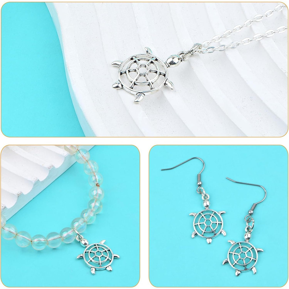 50pcs Antique Silver Hollow Sea Turtle Charms Tibetan Alloy Ocean Animal Sea Life Turtle Tortoise Pendants Accessories for DIY Necklace Bracelet Crafts Jewelry Making