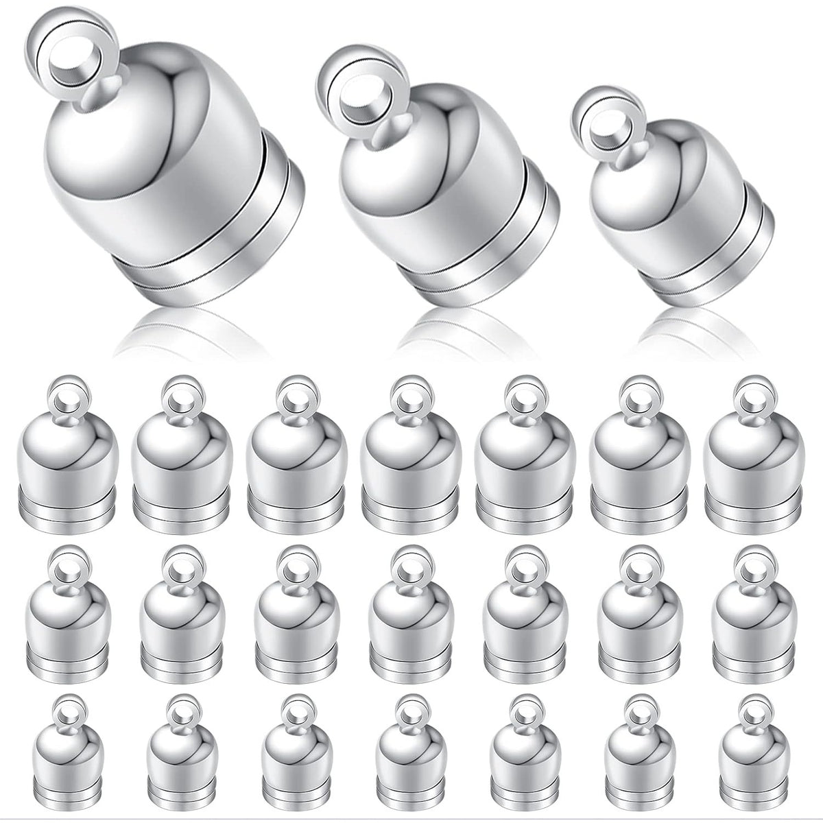 150pcs 3 Sizes Cord End Caps Plastic Glue-in Barrel End Caps Cord Ends Connectors Leather Cord Findings Kit for DIY Tassel Bracelet Necklace Crafts Jewelry Making, Silver