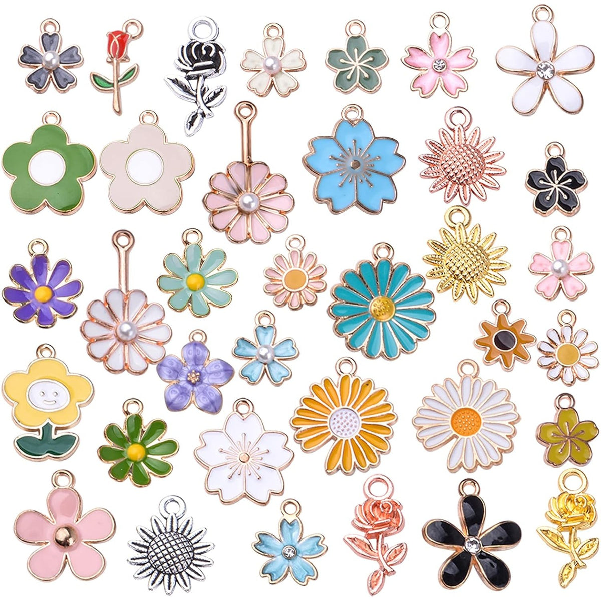 60pcs Mixed Enamel Flower Charms Alloy Sunflower Rose Flower Pendants Sweet Dangle Charms Jewelry Making Accessories for DIY Necklace Bracelet Earring Craft Supplies