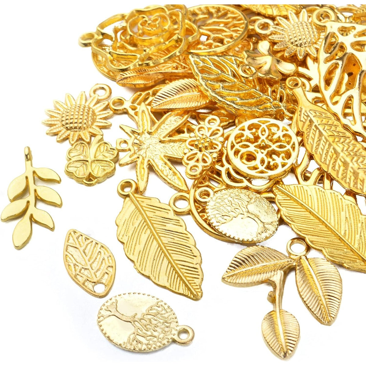 60pcs Gold Plated Leaves Flowers Charms Tree of Life Pendants Charm Alloy Vintage Hollow Charms Jewelry Making Accessory for DIY Necklace Bracelet Earrings Crafts Supplies, 30 Styles
