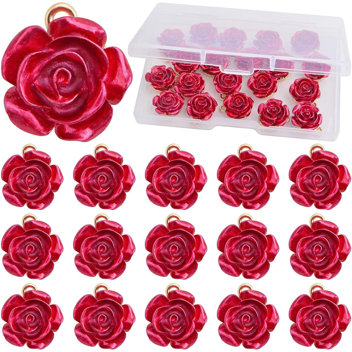 20 Pieces Resin Red Rose Charms Alloy Lovely Roseflower Shaped Dangle Pendants Embellishments with a Box for DIY Necklaces Earrings Jewelry Making Valentine's Gifts