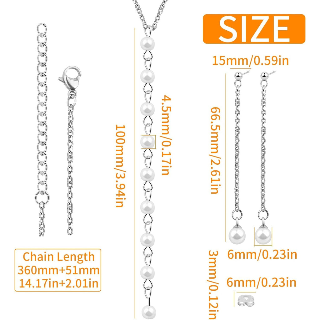 1pcs Stainless Steel Pearls Pendant Necklace and 1 Pair Long Tassel Pearl Dangle Earring Studs Jewelry Set for Women Brides Bridesmaids Birthday Wedding Gifts