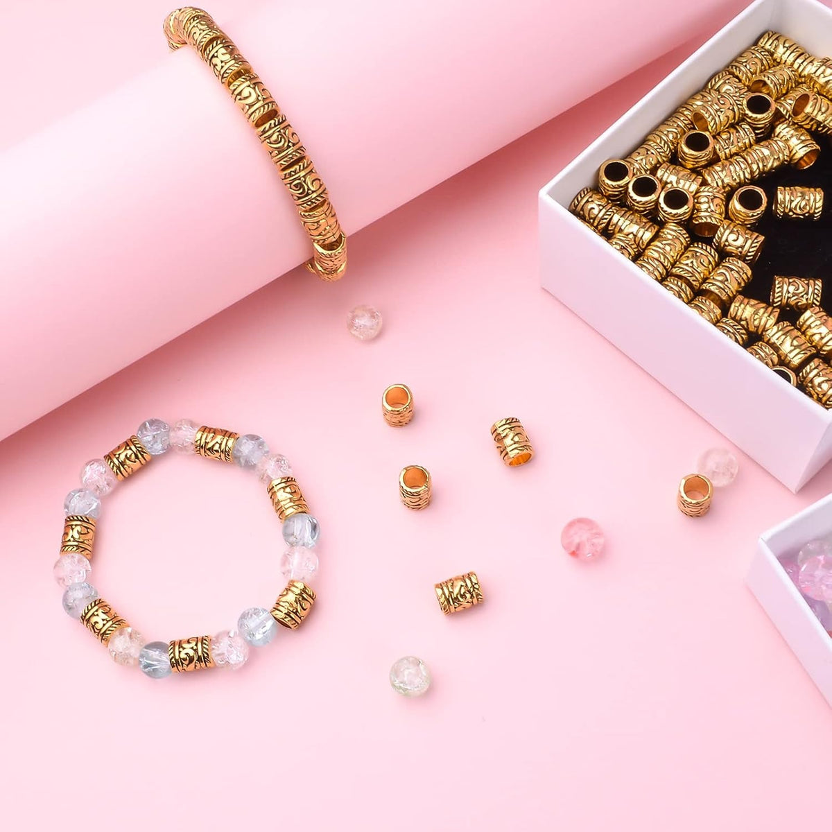 100pcs Antique Gold Large Hole Spacer Beads Tibetan Alloy Barrel Column Beads Hollow Tube Beads for European Bracelet Necklace DIY Jewelry Making Accessories, Hole: 5 mm