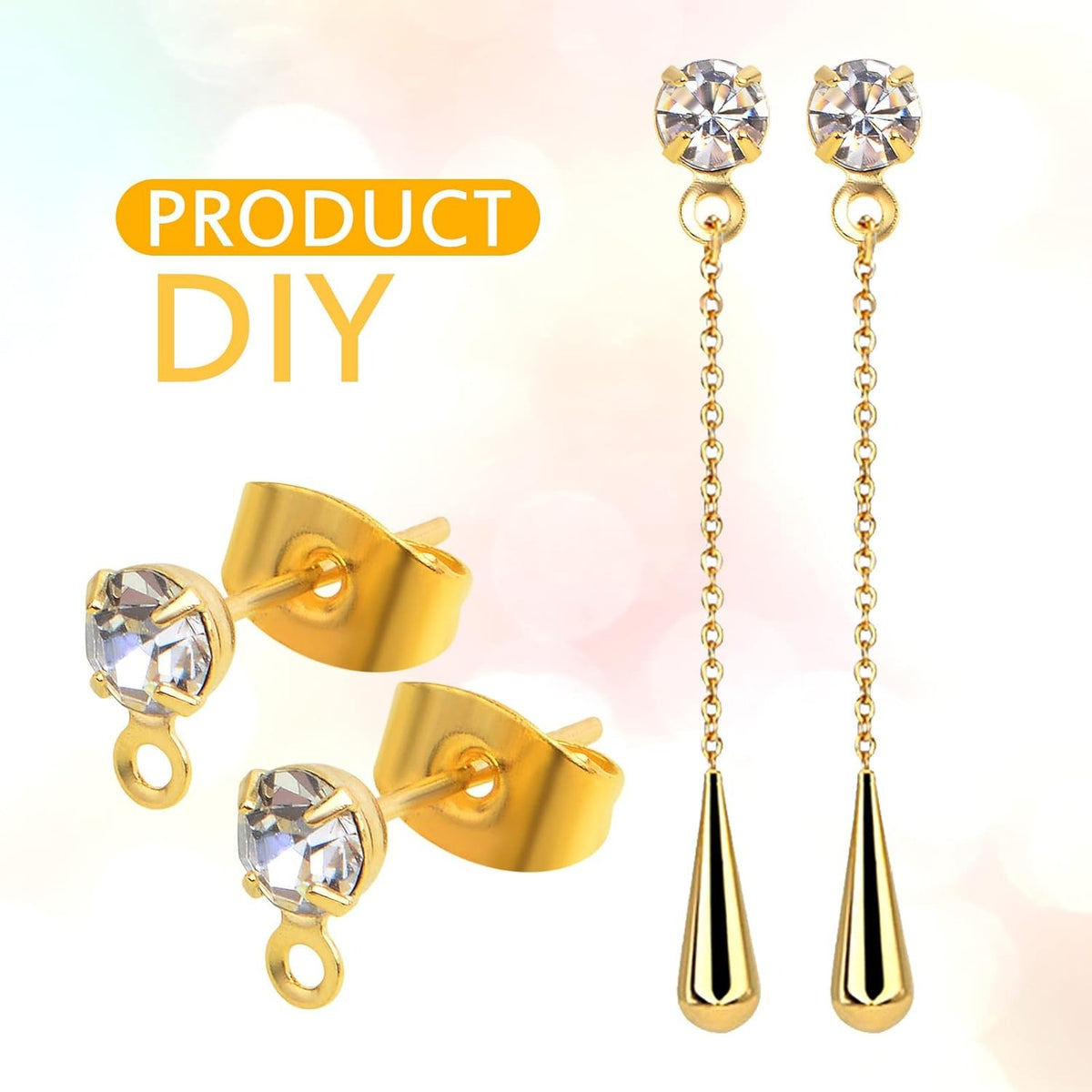30pcs Stainless Steel Rhinestone Earring Posts with Loop Hypoallergenic Stud Earrings Findings and 30pcs Butterfly Earring Backs for DIY Jewelry Making Supplies, Golden
