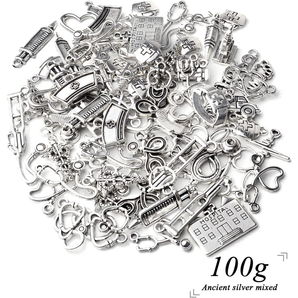 100g Crafts Supplies Antique Silver Medical Charms Alloy Hospital Charms Stethoscope Syringe Nurse Cap Hat Microscope Charm Pendants for Bracelet Necklace DIY Jewelry Making