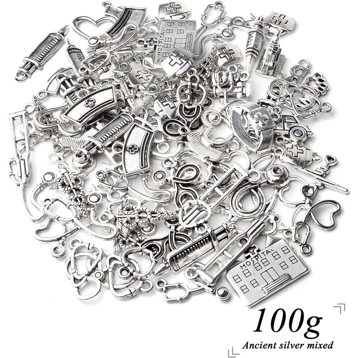 100g Crafts Supplies Antique Silver Medical Charms Alloy Hospital Charms Stethoscope Syringe Nurse Cap Hat Microscope Charm Pendants for Bracelet Necklace DIY Jewelry Making