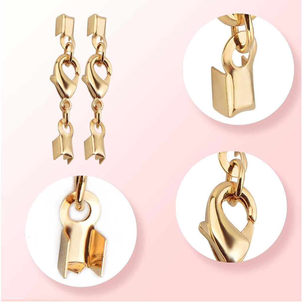 20pcs Golden Lobster Claw Clasps with Cord Ends Metal Leather Cord End Caps Fold Over Crimp End Tips Connector with a Plastic Box for DIY Necklace Bracelets Jewelry Making