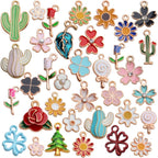 Enamel Charms Bulk, 35pcs Assorted Enamel Gold Plated Plant Charms Tree Leaf Flower Rose Cactus Pendants DIY Craft Supplies Accessory for Necklace Bracelet Jewelry Making Findings