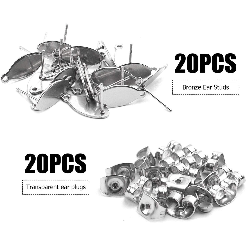 Stud Earring Findings - 20pcs Stainless Steel Oval Studs Blank Post with Loop and 20pcs Butterfly Backs for Making
