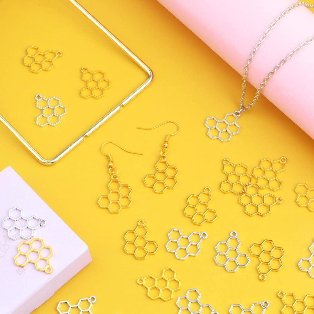 100 Pieces Hollow Frame Honeycomb Charms Alloy Blank Open Back Bezel Pendants Charms for DIY Necklace Bracelet Jewelry Making Resin Crafts, 2 Colors