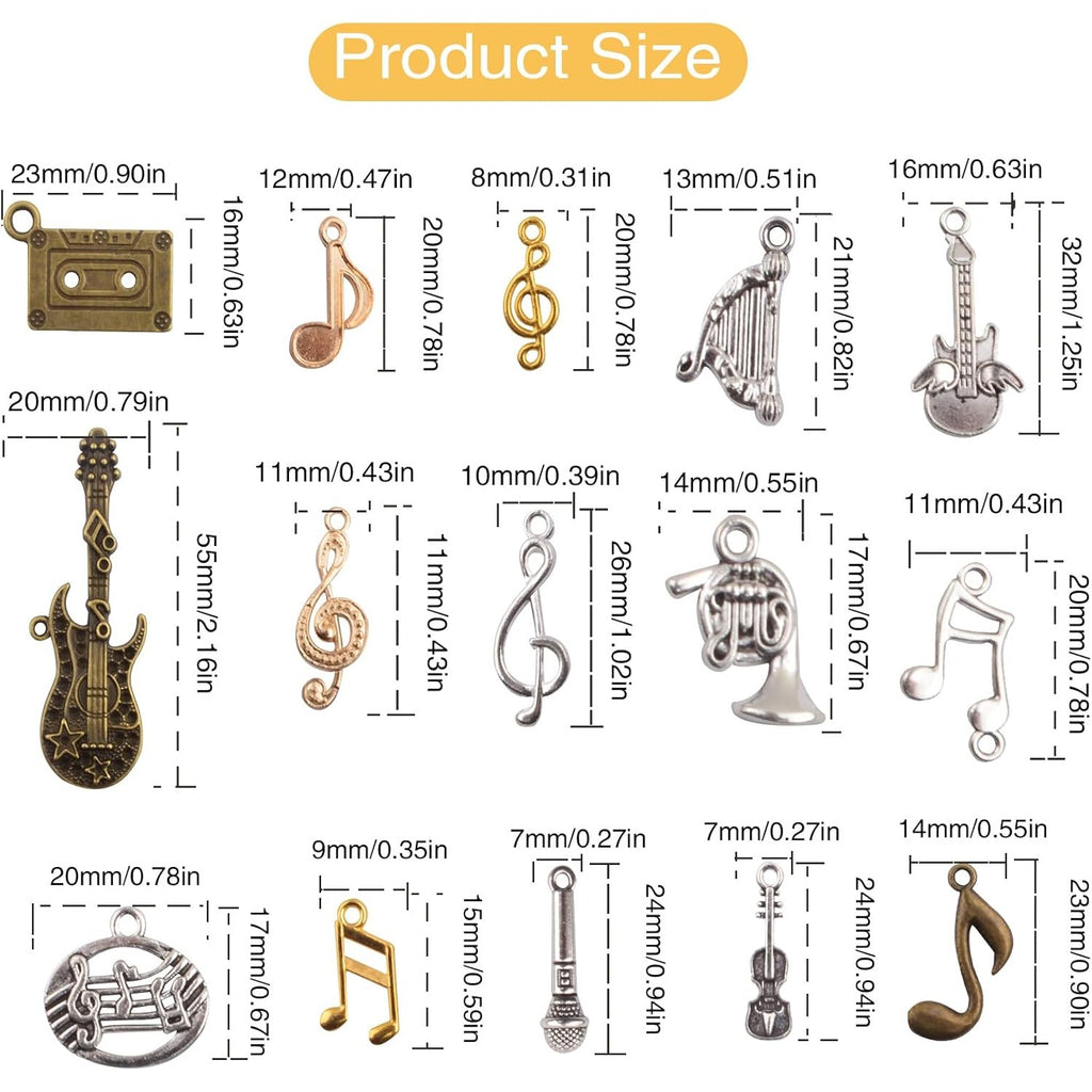 100 Gram Tibetan Mixed Music Elements Charms Vintage Alloy Musical Instrument Notes Symbols Dangle Pendants Craft Accessories for DIY Necklaces Earrings Jewelry Making Supplies