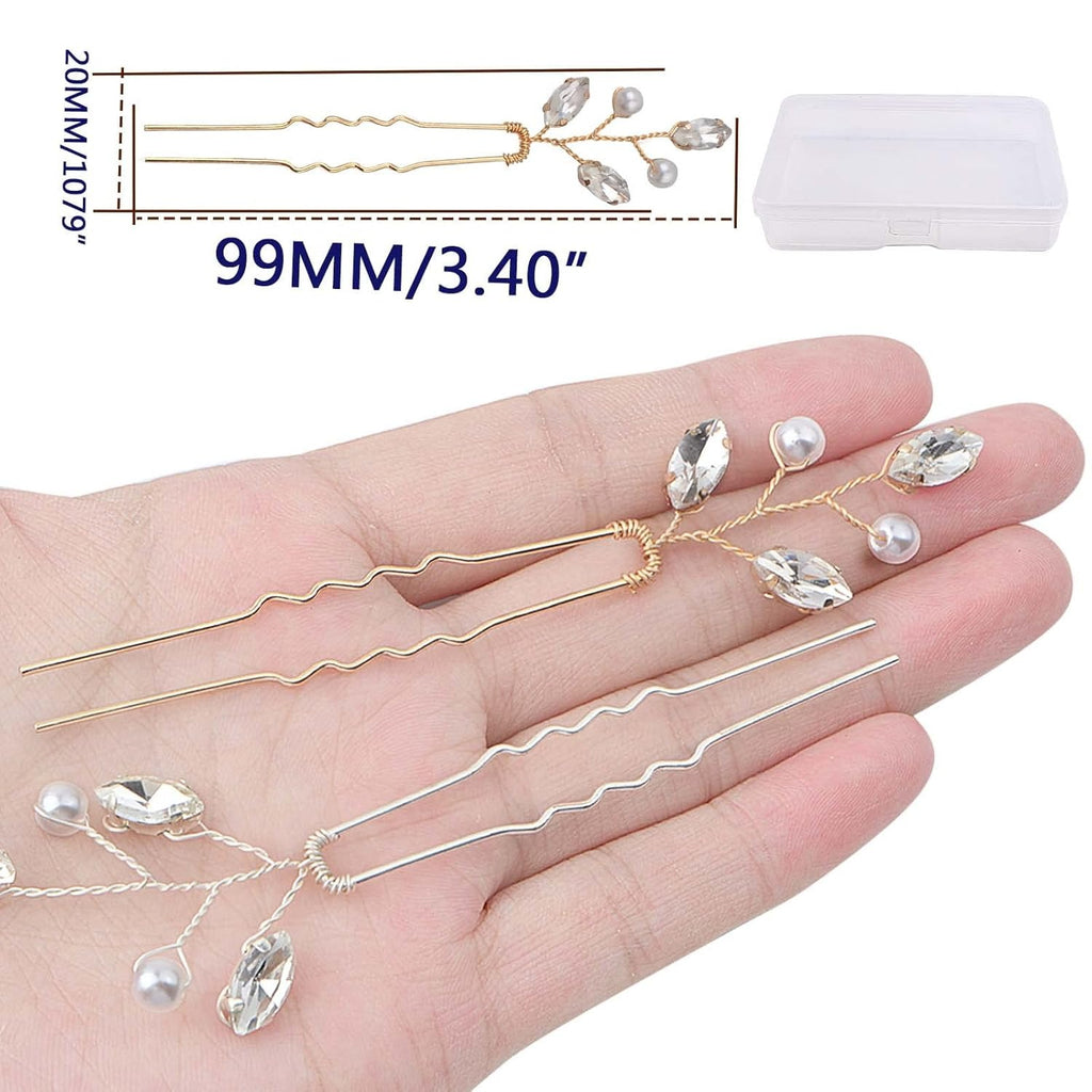 6pcs Pearl Rhinestone Hairpins Clips U-shaped Pearl Embellished Bobby Pins Headpiece Bridal Hair Accessories with a Plastic Box for Women Bride Bridesmaid Wedding Birthday, 2 Colors