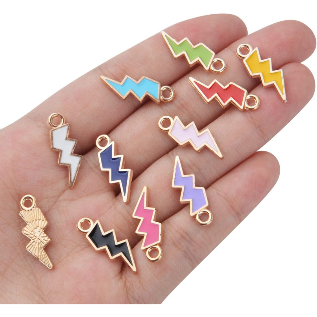 50pcs Enamel Lightning Bolt Charm Pendants Gold Plated Alloy Flash Lightning Charm Celestial Dangle Charms for Bracelet Necklace Earrings DIY Jewelry Making Supplies,10 Colors