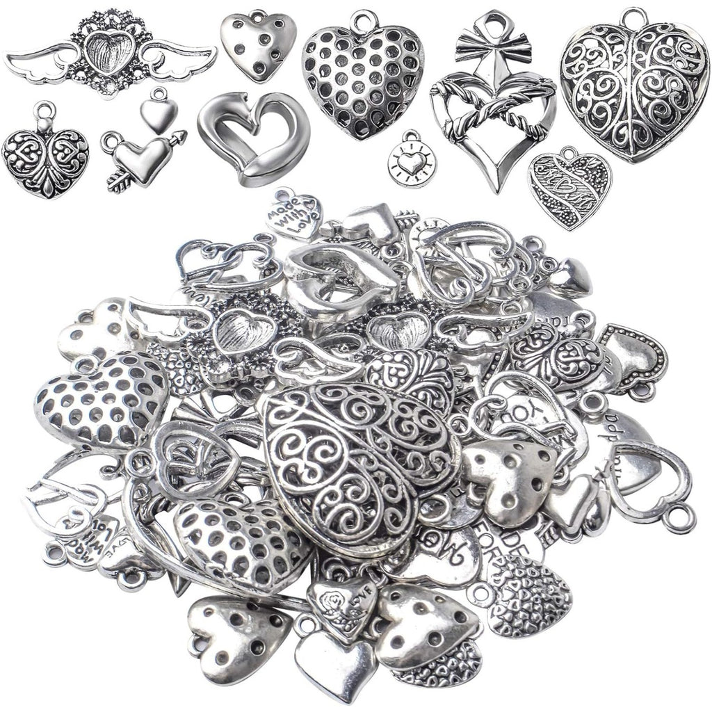 100g Antique Silver Love Heart Charm Alloy Tibetan style Heart Charm Jewelry Heart Charm Pendant for DIY Bracelet Necklace Jewelry Making Supplies