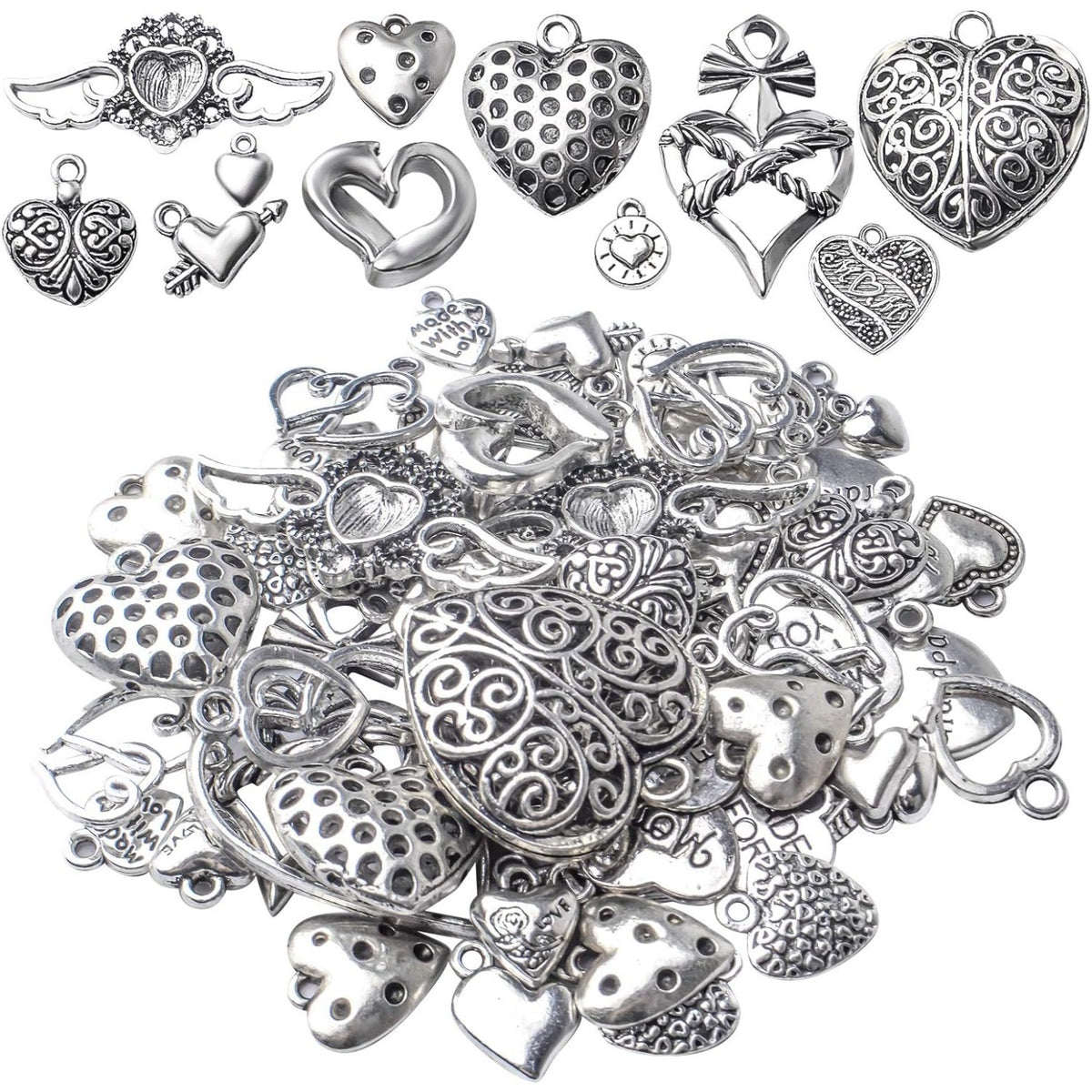 100g Antique Silver Love Heart Charm Alloy Tibetan style Heart Charm Jewelry Heart Charm Pendant for DIY Bracelet Necklace Jewelry Making Supplies