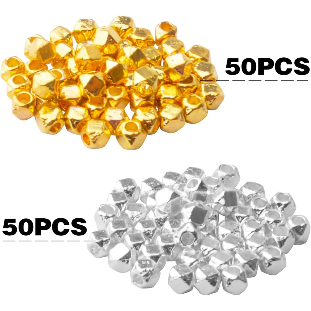 Cube Spacer Beads,100pcs Gold Silver Plated Alloy Cornerless Cube Beads Loose Beads for DIY Bracelet Necklace Jewelry Crafts Making