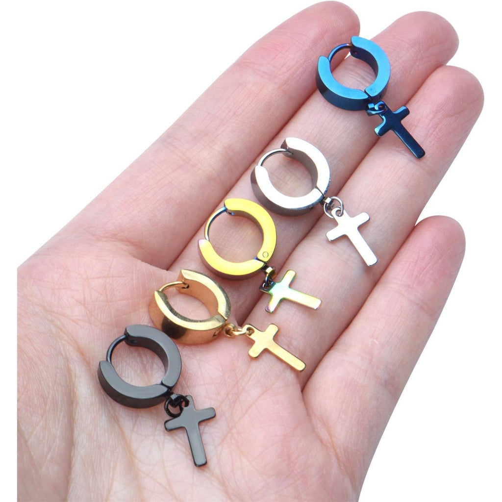 5 Pairs Stainless Steel Hoop Earrings Small Hypoallergenic Hoops Huggie Earrings with Cross for Men Women,5 Colors