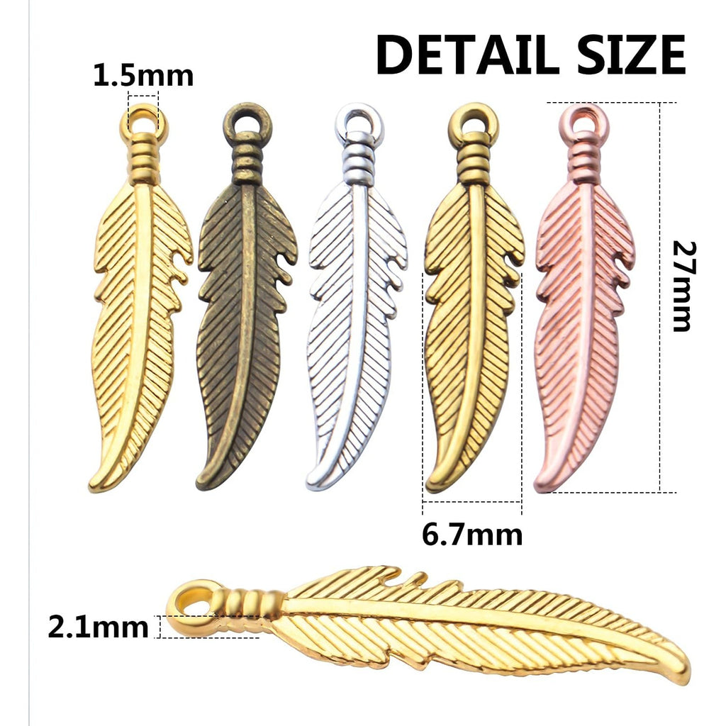 100pcs Feather Charm Pendants Tibetan Alloy Dangle Leaf Charms Craft Supplies for Jewelry Making Findings Accessory for DIY Bracelet Necklace,5 Colors